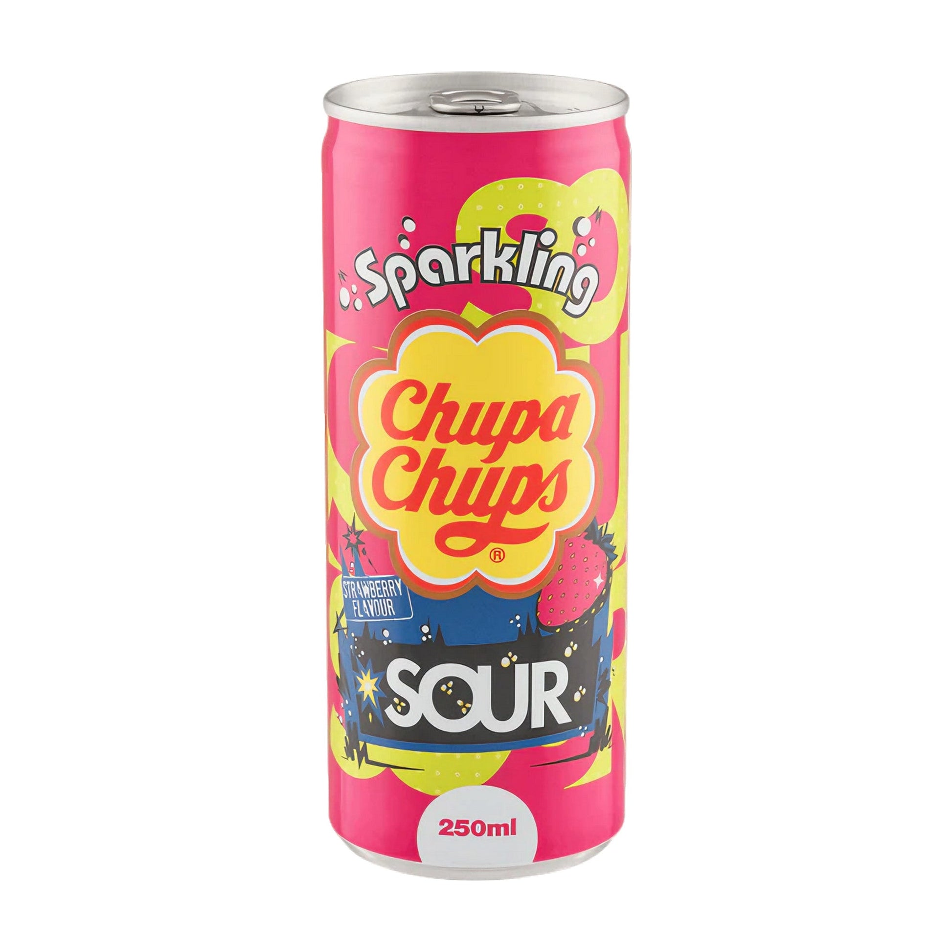 Lata Chupa Chups Sparkling Sour Strawberry bebida gaseificada morango ácido