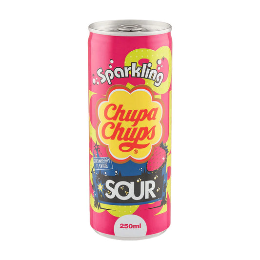 Lata Chupa Chups Sparkling Sour Strawberry bebida gaseificada morango ácido