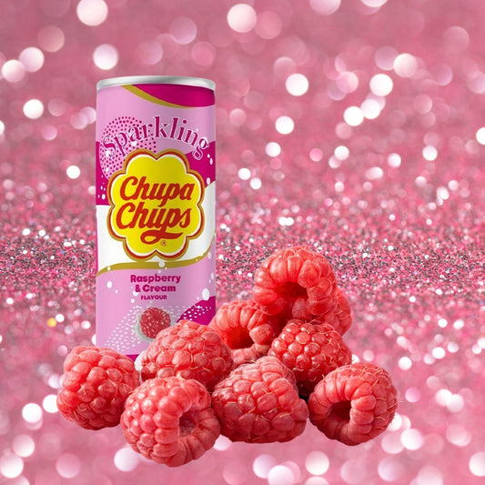 Lata Chupa Chups Sparkling Framboesa refrigerante gaseificado importado 250ml