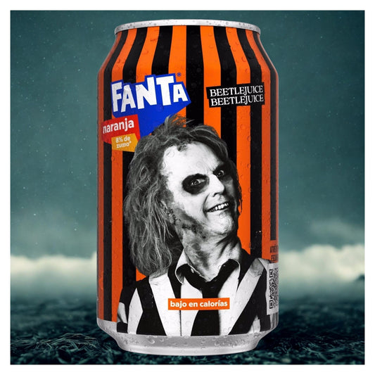 Lata Fanta Laranja edição especial Beetlejuice refrigerante cítrico 330ml