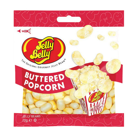 Jelly Belly Beans sabor pipoca amanteigada embalagem colorida 70g