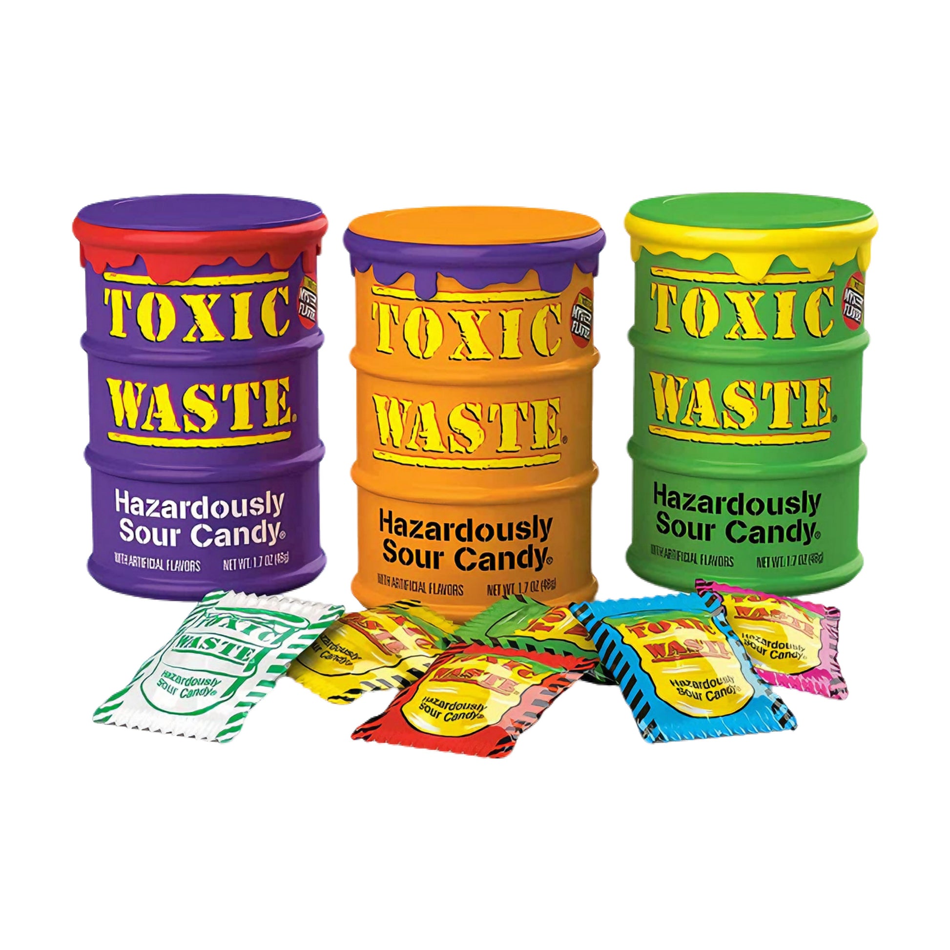 Rebuçados ácidos Toxic Waste na embalagem amarela de lixo tóxico